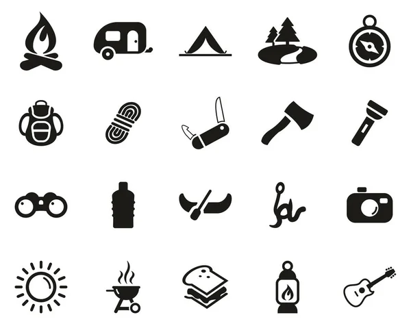 Camping Or Outdoor Adventure Icons Black & White Set Big — ストックベクタ