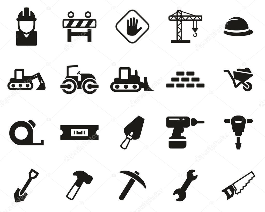 Builders Site Or Construction Site Icons Black & White Set Big