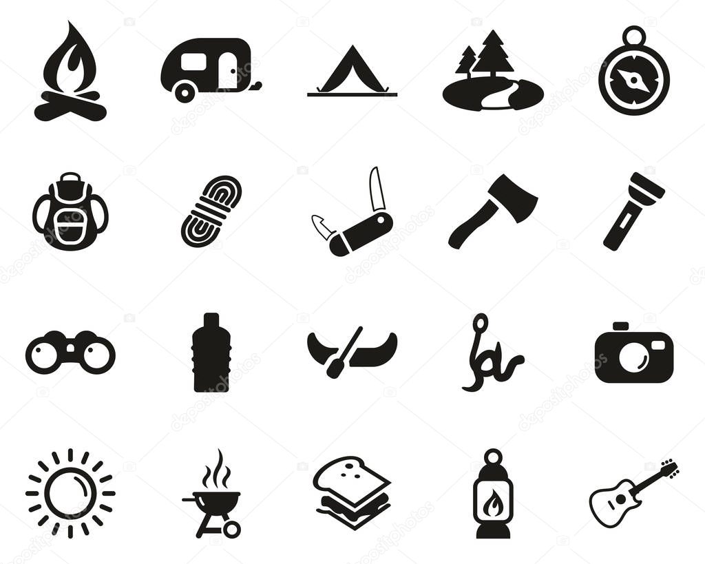 Camping Or Outdoor Adventure Icons Black & White Set Big