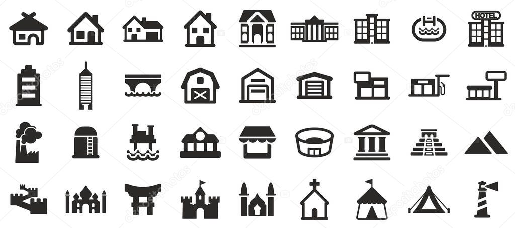 Commercial & Residential Buildings Icons Black & White Set big