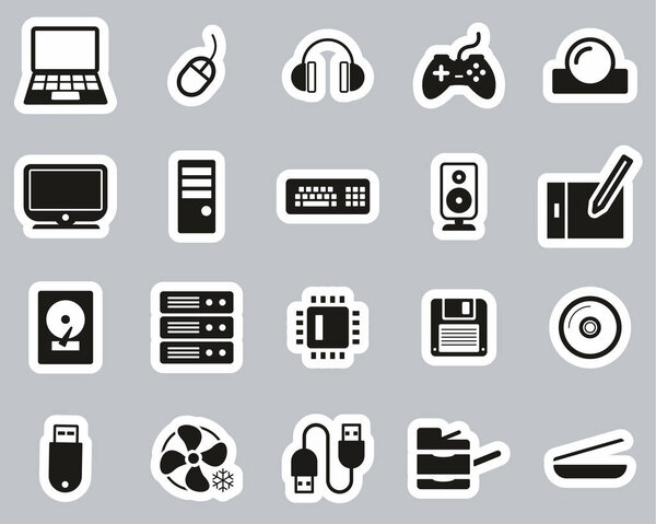 Computer Hardware Icons Black & White Sticker Set Big
