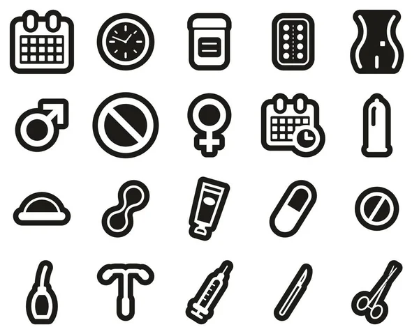 Contraception Methods Icons White On Black Sticker Set Big — Stock Vector