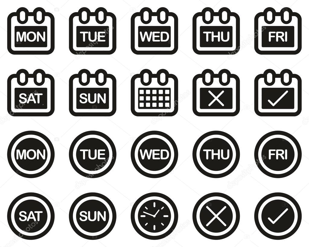 Days Of The Week Icons White On Black Sticker Set Big