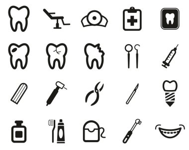 Diş Hekimi ve Ekipman Simgeleri Siyah & Beyaz Büyük Ayarlar