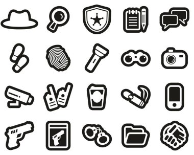 Dedektif ya da Özel Dedektif Simgeleri Siyah Etikette Beyaz Büyük Ayarlı