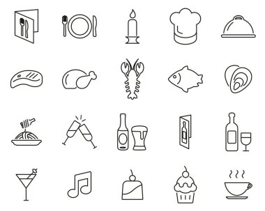 Akşam Yemeği veya Romantik Yemek Simgeleri Siyah ve Beyaz İnce Çizgi Büyük