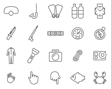 Dalış ve Dalış Vites Simgeleri Siyah & Beyaz İnce Çizgi Büyük Ayarla