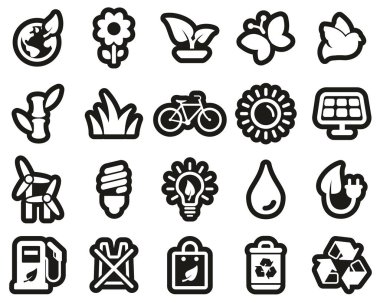 Ekoloji ya da Çevre dostu Simgeler Siyah Etikette Beyaz Büyük