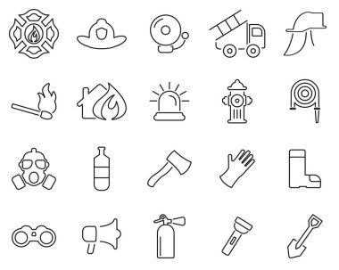 İtfaiyeci & İtfaiyeci Ekipman Simgeleri Siyah & Beyaz İnce Lin