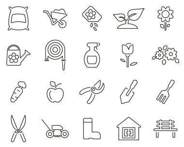 Bahçıvanlık ve Bahçe Araçları Simgeleri Siyah & Beyaz İnce Çizgi Seti