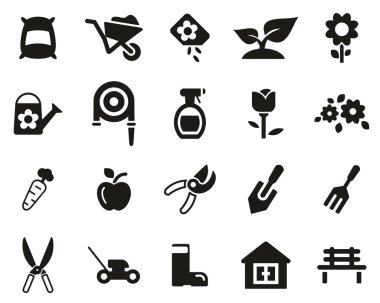 Bahçıvanlık ve Bahçe Araçları Simgeleri Siyah & Beyaz Küme Büyük