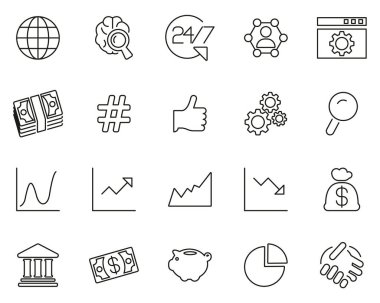 Küresel Ekonomi Simgeleri Siyah & Beyaz Çizgi Büyük Ayarlandı