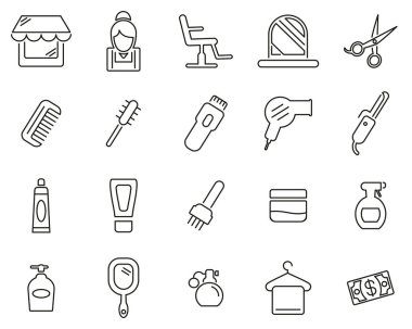 Kuaför Salonu ve Kuaför Malzemeleri Simgeleri Siyah & Beyaz İnce Çizgi 