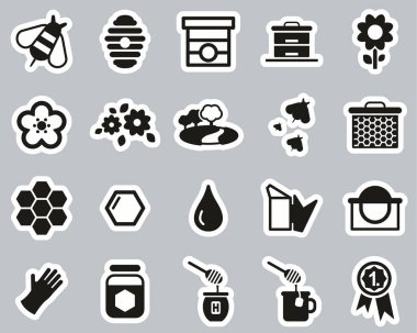 Bal Yapımı ve Arı Koruma Ekipmanları Simgeleri Siyah & Beyaz Etiket