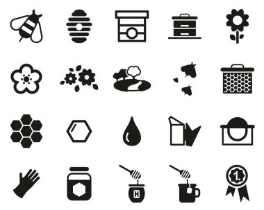 Bal Yapımı ve Arı Koruma Ekipmanları Simgeleri Siyah & Beyaz Küme Büyük