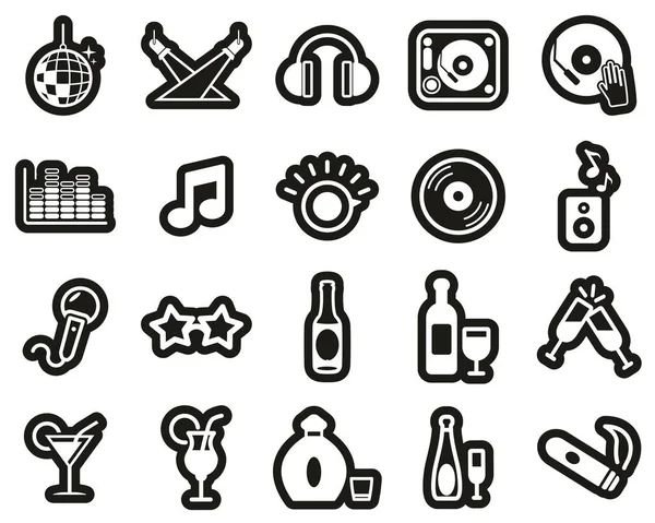 Disco ou ícones de clube noturno branco no conjunto de adesivos preto grande — Vetor de Stock
