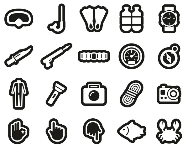 Tauchen & Tauchausrüstung Icons White On Black Sticker Set Big — Stockvektor