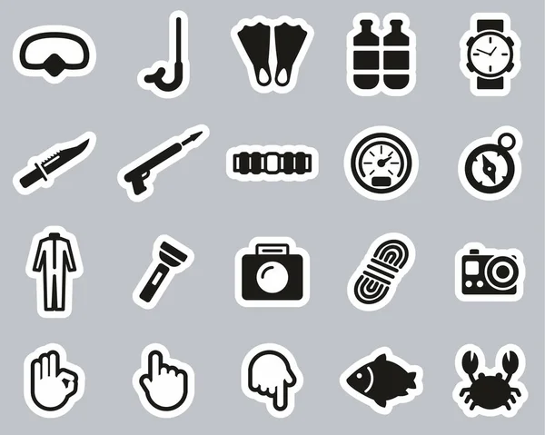 Iconos del equipo de buceo y buceo Conjunto de etiquetas engomadas en blanco y negro Grande — Vector de stock