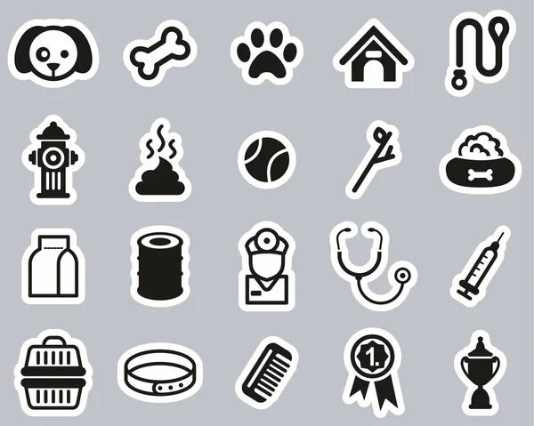 Cão ou cão de estimação ícones preto & branco adesivo conjunto grande — Vetor de Stock