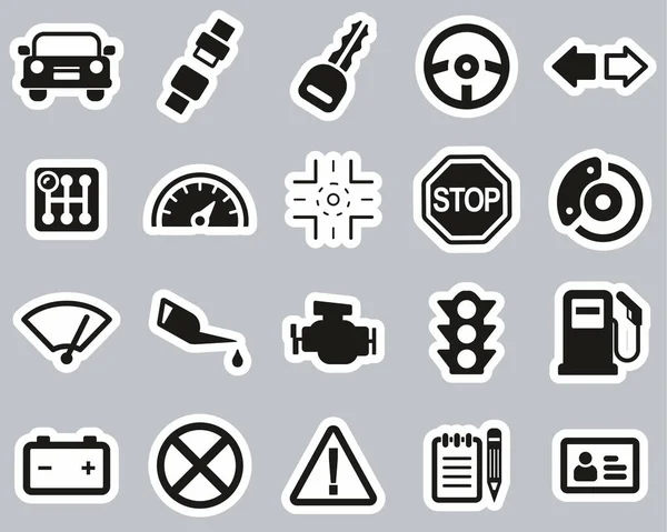 Conjunto de etiquetas engomadas en blanco y negro de los iconos de la escuela de conducción Grande — Vector de stock