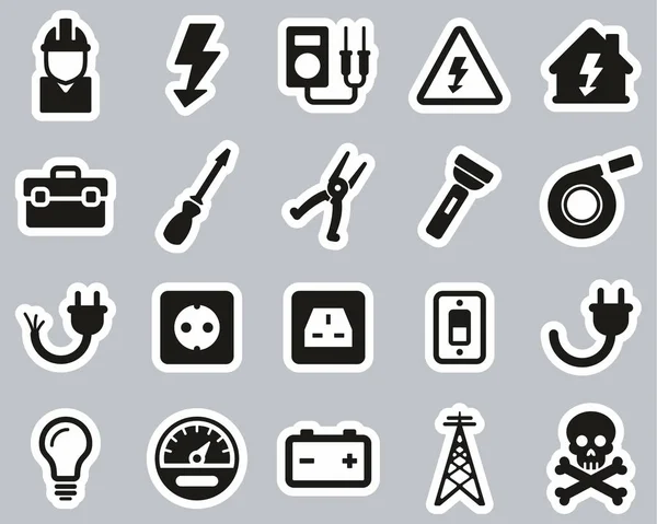 Iconos de herramientas y equipos eléctricos Conjunto de etiquetas engomadas en blanco y negro Bi — Vector de stock