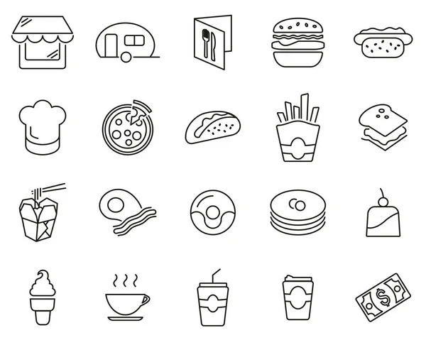 Fast Food Restaurant Or Fast Food Stand Icons Black & White Thin — Stock Vector