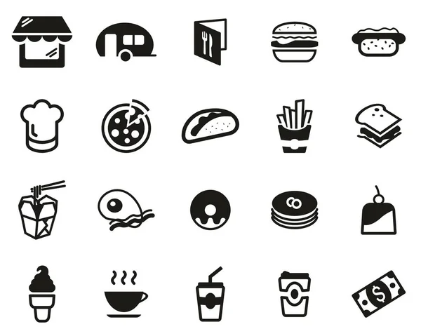 Restaurante de comida rápida o comida rápida Stand Iconos Negro y Blanco Set — Archivo Imágenes Vectoriales