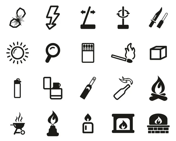 Fire & Fire Making Tools Icons Black & White Set Big — Stock Vector