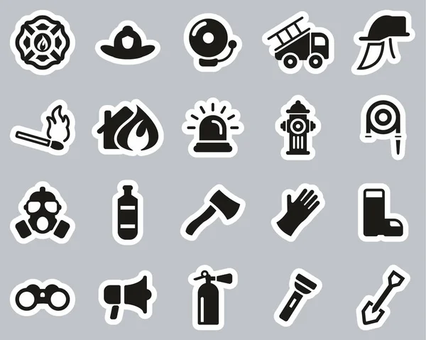 Icone dell'attrezzatura dei vigili del fuoco e dei vigili del fuoco Adesivo in bianco e nero — Vettoriale Stock