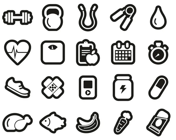 Fitness & Fitnessgeräte Icons White On Black Sticker Set Big — Stockvektor