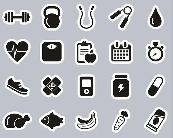 Fitness & Fitness Equipment Icons Black & White Sticker Set Big — Stock Vector