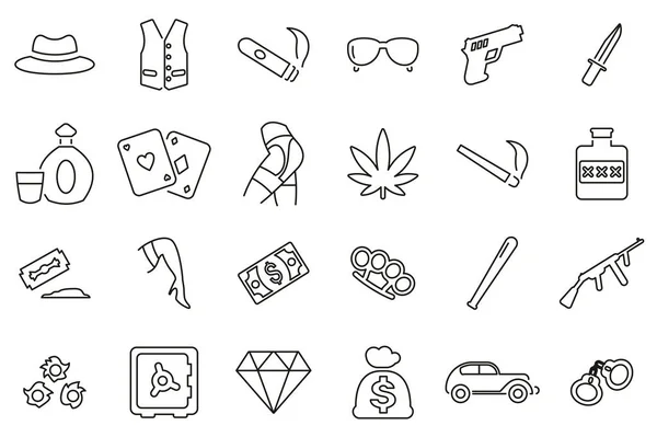 Gangster Lifestyle Icons Black & White Thin Line Set Big — Stock Vector