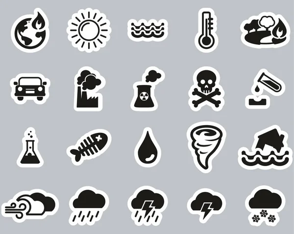Иконы глобального потепления: черно-белый стикер — стоковый вектор
