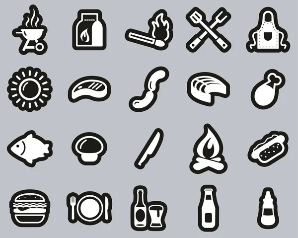 Grill Or Barbecue Icons White On Black Sticker Set Big — Stock Vector