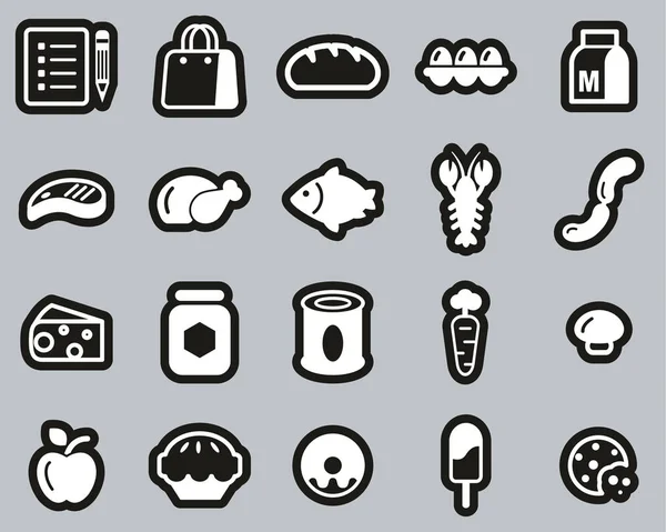 Potraviny seznam ikony bílá na černé nálepky set velký — Stockový vektor