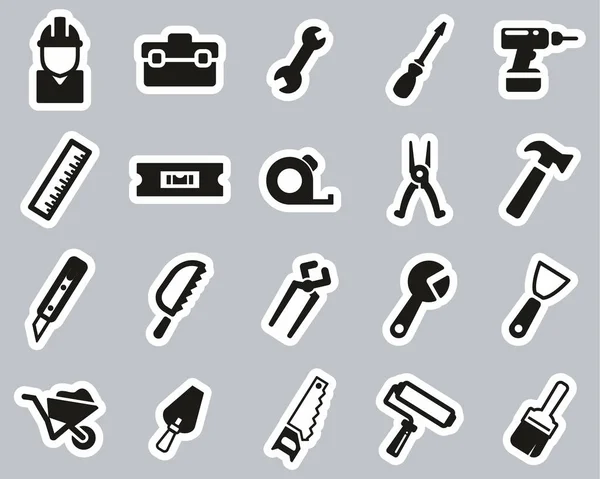 Handyman verktyg och utrustning ikoner svart & vitt klistermärke set stort — Stock vektor