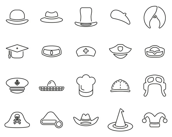 Sombrero iconos negro y blanco delgada línea conjunto grande — Vector de stock