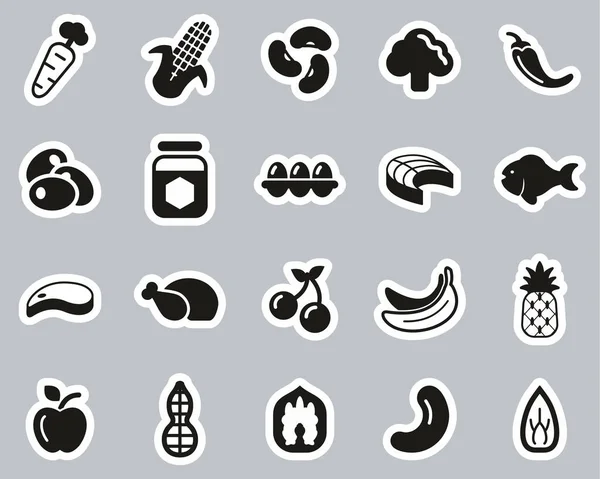 Iconos de alimentos saludables Etiqueta engomada en blanco y negro grande — Vector de stock