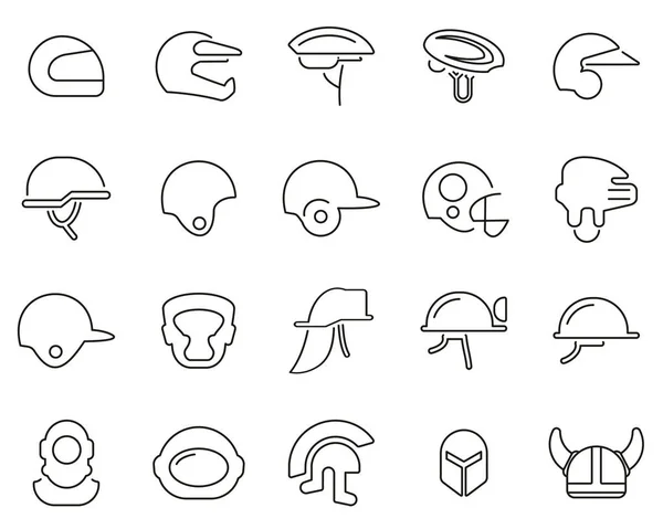 Helmet Or Safety Helmet Icons Black & White Thin Line Set Big — Stock Vector