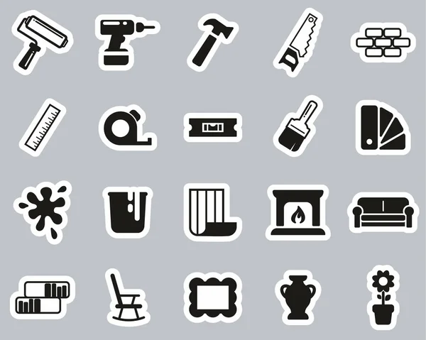 Home Decorating & Home Remodeling Icons Black & White Sticker Se — стоковый вектор