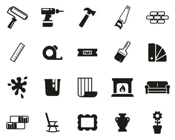 Decoración del hogar & Inicio Remodelación Iconos Blanco y Negro Set Grande — Vector de stock