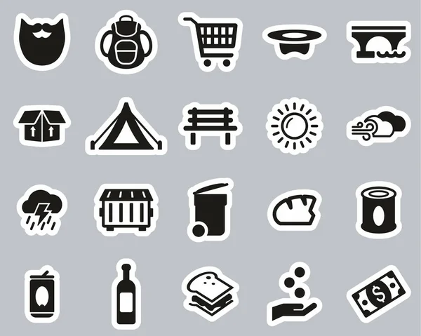 Estilo de vida sin hogar & Iconos de la cultura Etiqueta engomada en blanco y negro conjunto grande — Vector de stock