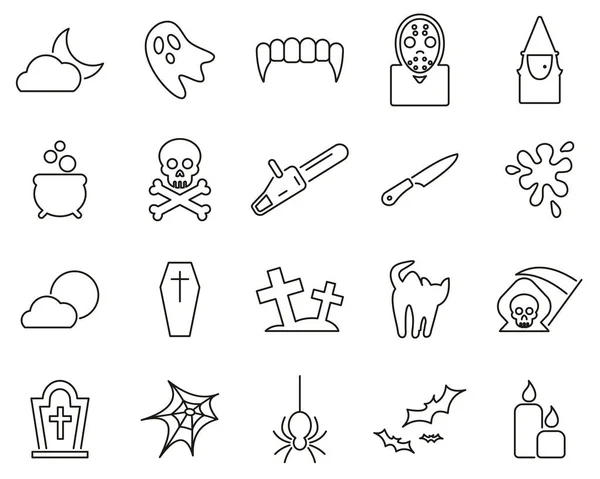 Conjunto de línea delgada en blanco y negro de horrores o iconos aterradores — Vector de stock