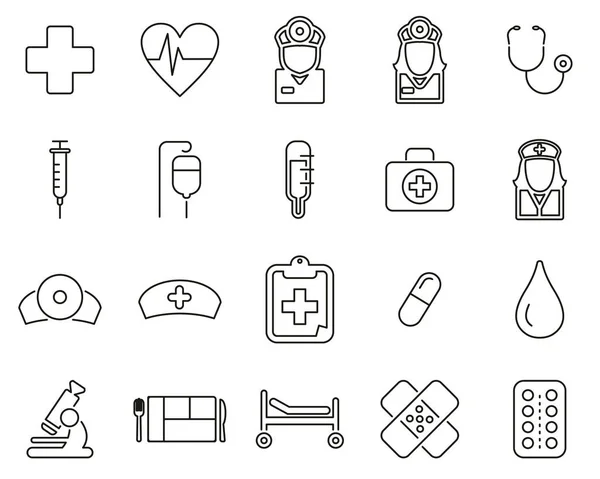 Hospital Staff & Equipment Icons Black & White Thin Line Set Big — Stock Vector