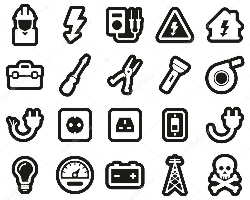 Electrician Tools & Equipment Icons White On Black Sticker Set B