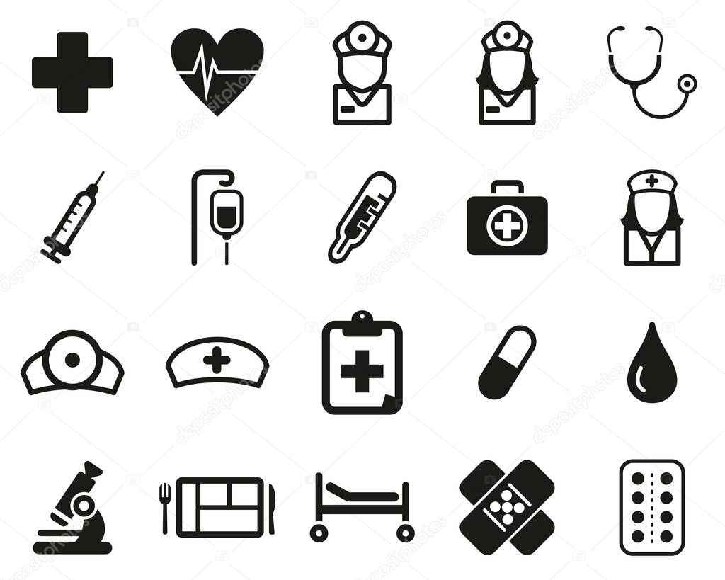 Hospital Staff & Equipment Icons Black & White Set Big