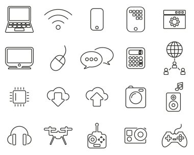 Modern Teknoloji Simgeleri Siyah & Beyaz İnce Çizgi Büyük Ayarlandı