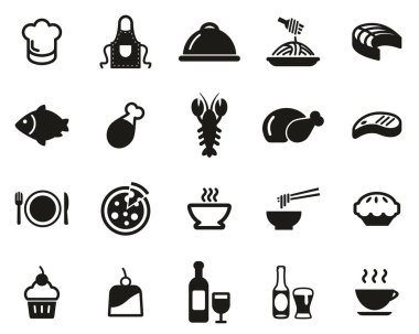 Yemek ya da Restoran Öğle Yemeği Simgeleri Siyah & Beyaz Set Büyük