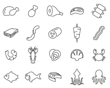 Et ve Deniz Ürünleri Simgeleri Siyah & Beyaz İnce Çizgi Büyük Ayarlandı