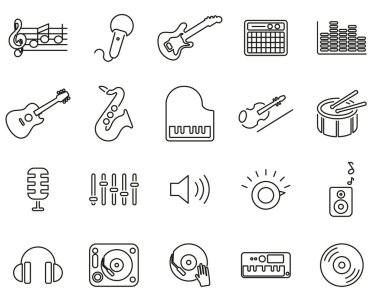 Müzik ya da Müzik Stüdyosu Ekipmanları Simgeleri Siyah & Beyaz İnce Satır Se